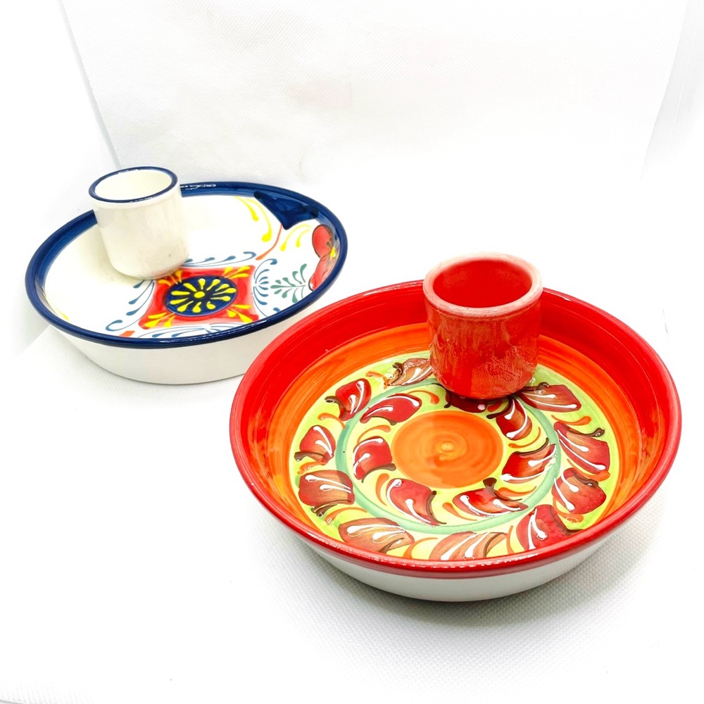Set of 2  Spanish Hand painted Olive Pit Bowl Ceramic Pottery, Serving Dish